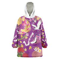 Hawaiian and Japanese Culture Together Wearable Blanket Hoodie Kakau Tribal Pattern and Irezumi Art Purple Color