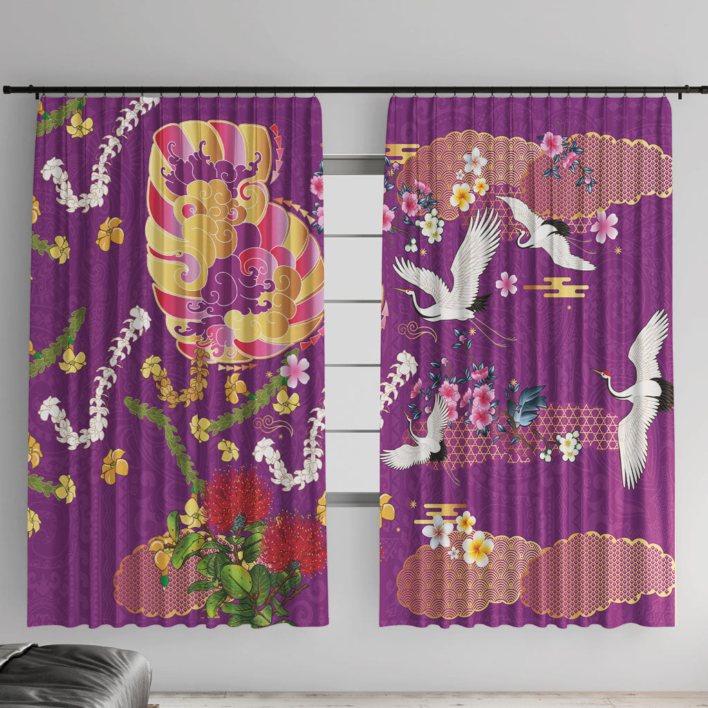 Hawaiian and Japanese Culture Together Window Curtain Kakau Tribal Pattern and Irezumi Art Purple Color