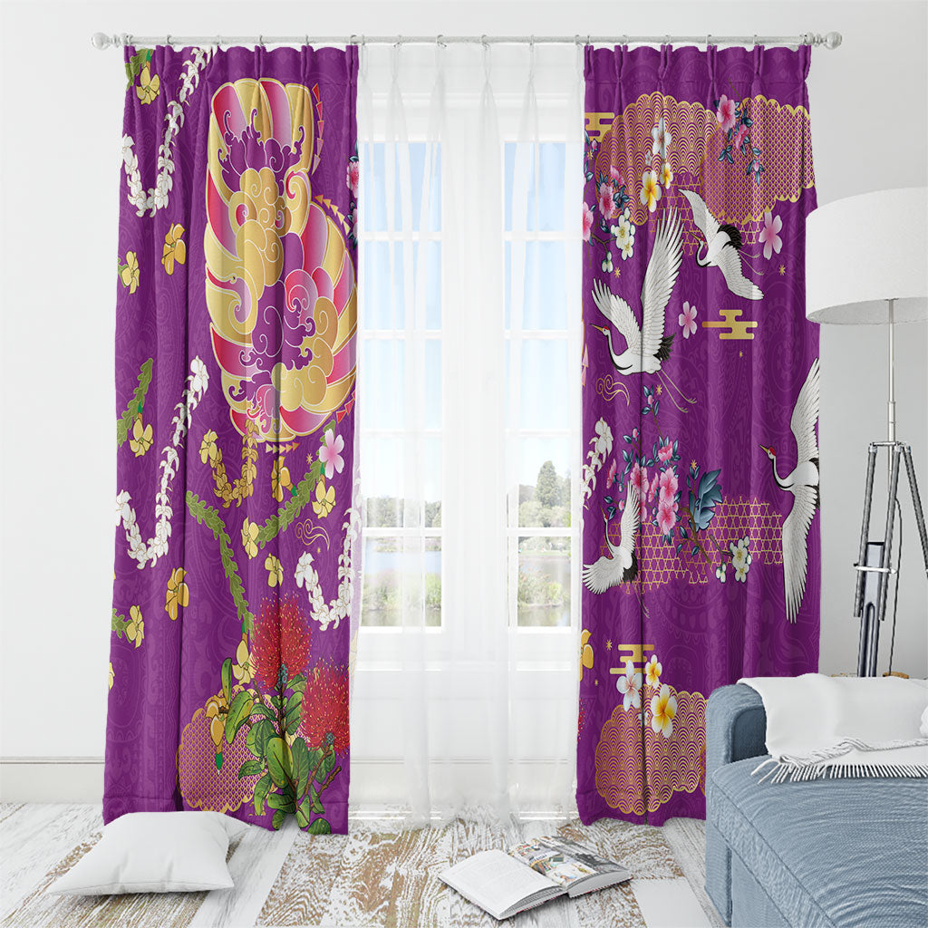 Hawaiian and Japanese Culture Together Window Curtain Kakau Tribal Pattern and Irezumi Art Purple Color