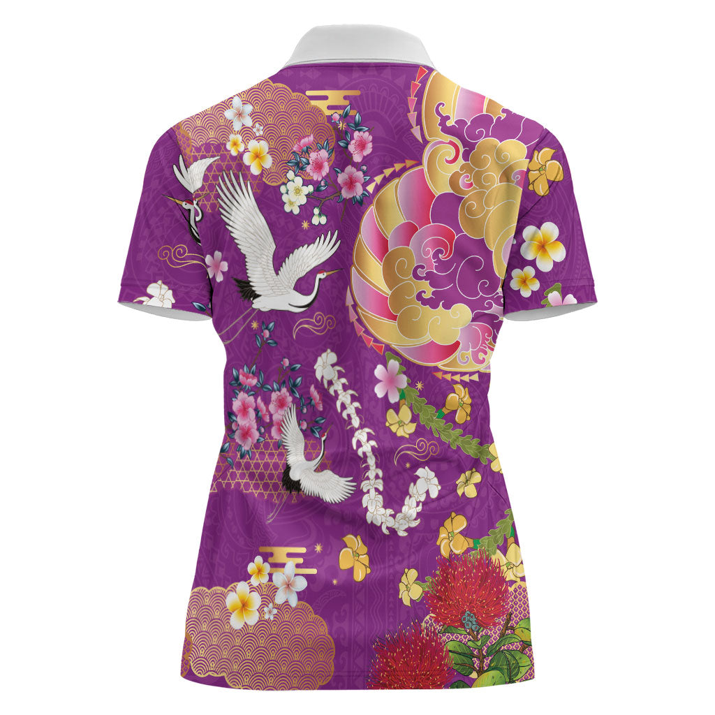 Hawaiian and Japanese Culture Together Women Polo Shirt Kakau Tribal Pattern and Irezumi Art Purple Color