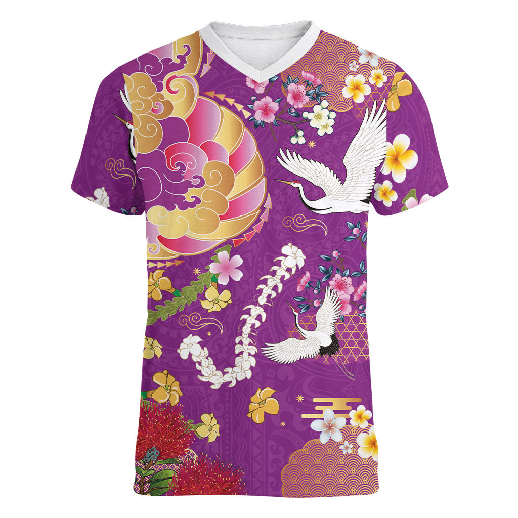 Hawaiian and Japanese Culture Together Women V-Neck T-Shirt Kakau Tribal Pattern and Irezumi Art Purple Color