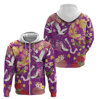 Hawaiian and Japanese Culture Together Zip Hoodie Kakau Tribal Pattern and Irezumi Art Purple Color