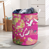 Hawaiian and Japanese Culture Together Laundry Basket Kakau Tribal Pattern and Irezumi Art Pink Color