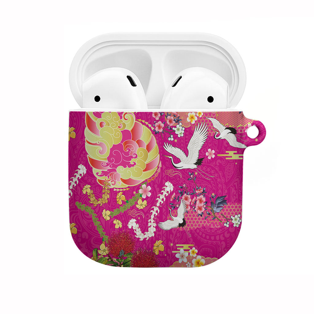 Hawaiian and Japanese Culture Together AirPods Case Kakau Tribal Pattern and Irezumi Art Pink Color