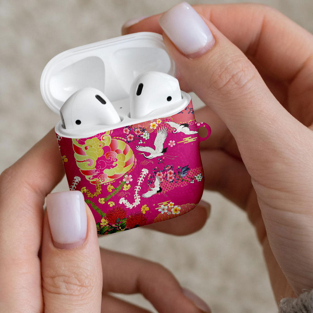 Hawaiian and Japanese Culture Together AirPods Case Kakau Tribal Pattern and Irezumi Art Pink Color