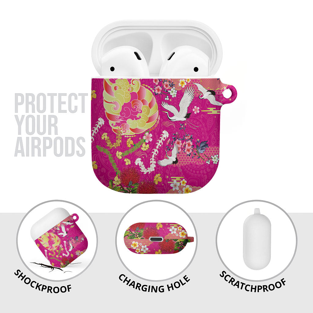 Hawaiian and Japanese Culture Together AirPods Case Kakau Tribal Pattern and Irezumi Art Pink Color