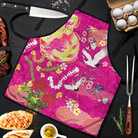 Hawaiian and Japanese Culture Together Apron Kakau Tribal Pattern and Irezumi Art Pink Color