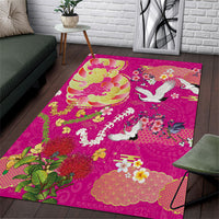 Hawaiian and Japanese Culture Together Area Rug Kakau Tribal Pattern and Irezumi Art Pink Color