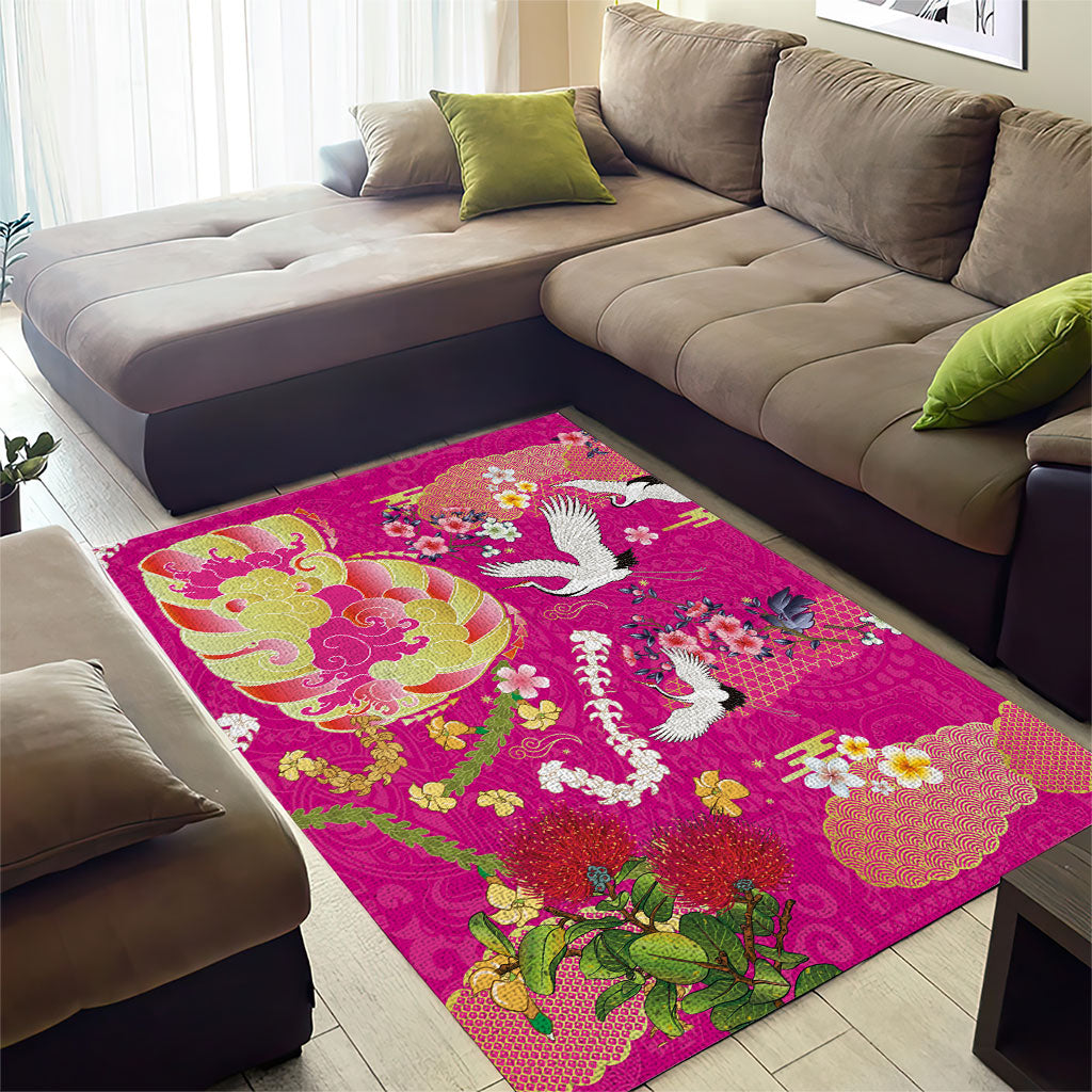 Hawaiian and Japanese Culture Together Area Rug Kakau Tribal Pattern and Irezumi Art Pink Color