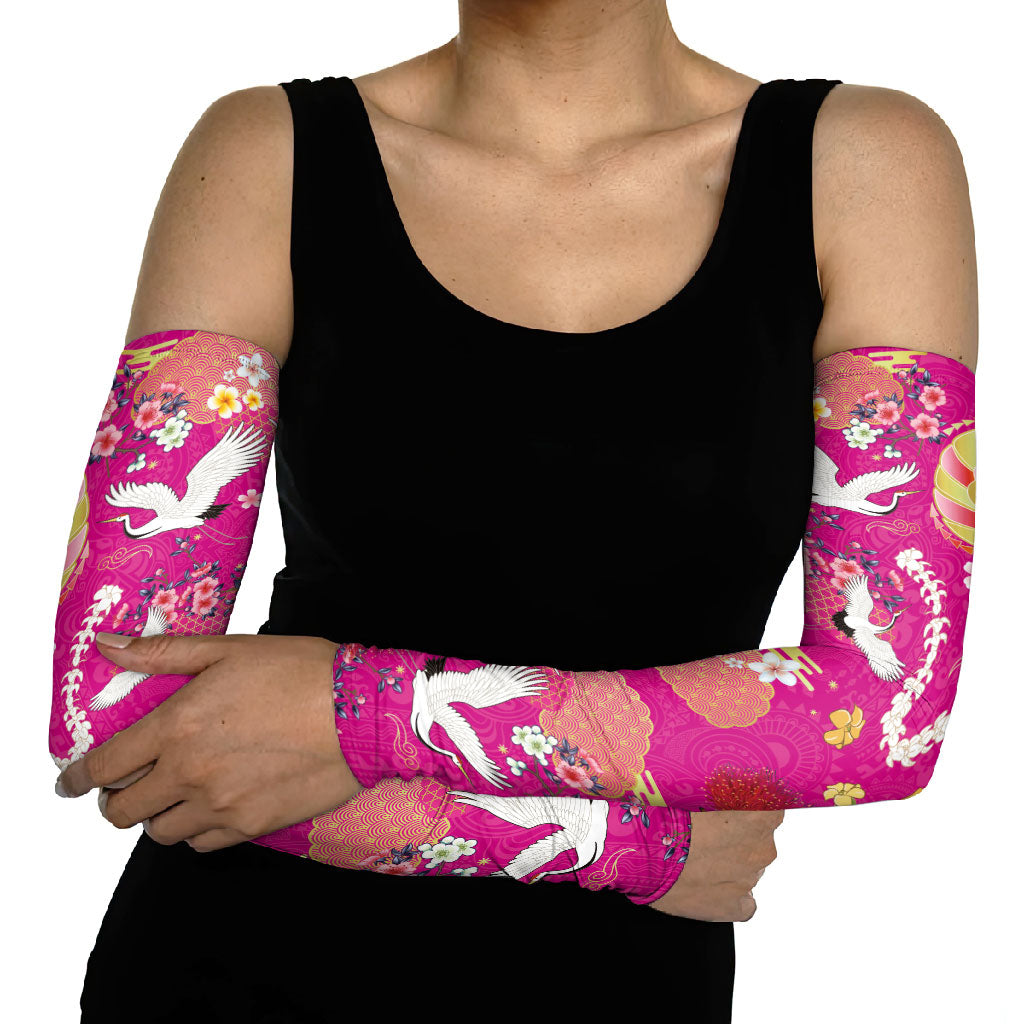 Hawaiian and Japanese Culture Together Arm Sleeves Kakau Tribal Pattern and Irezumi Art Pink Color