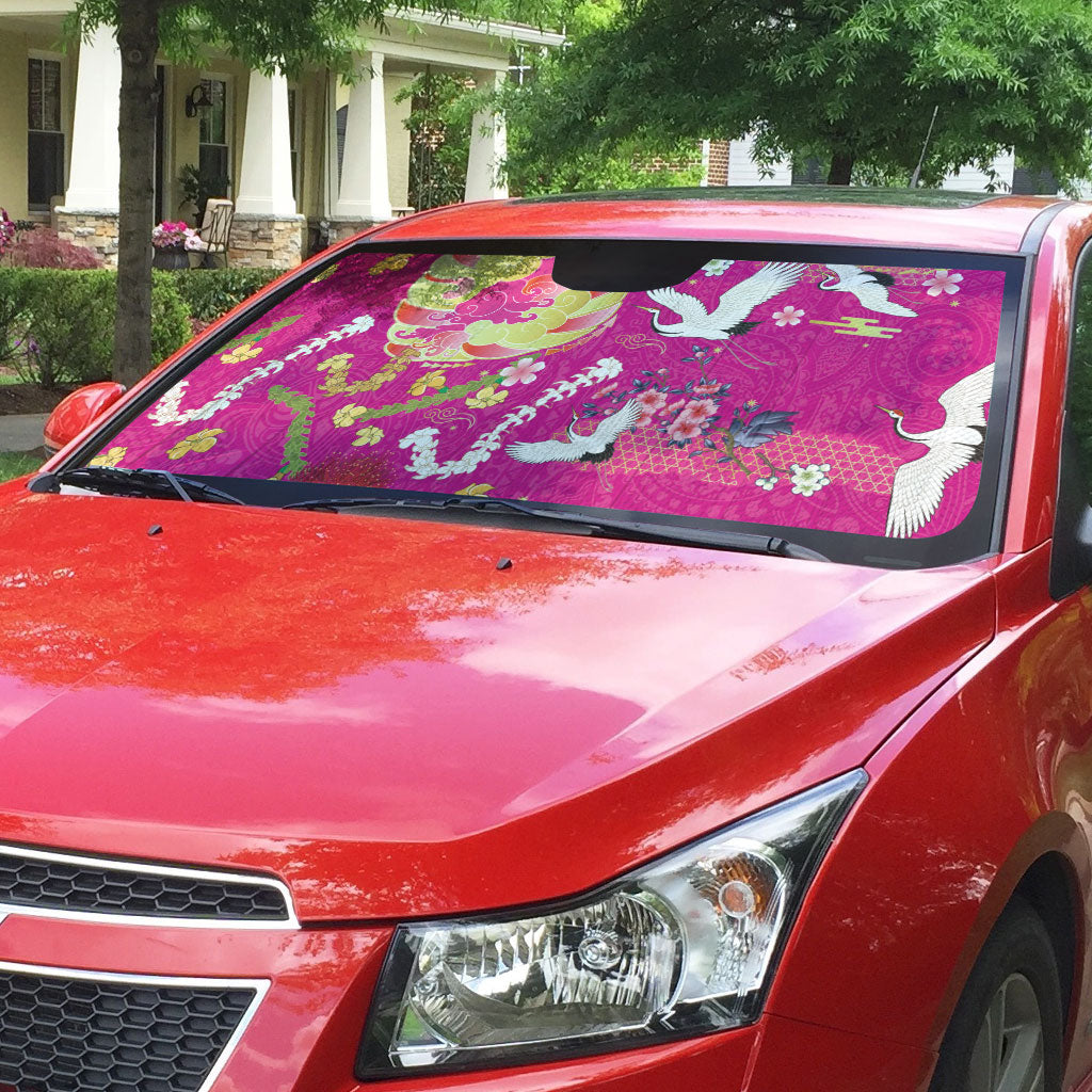 Hawaiian and Japanese Culture Together Auto Sun Shade Kakau Tribal Pattern and Irezumi Art Pink Color