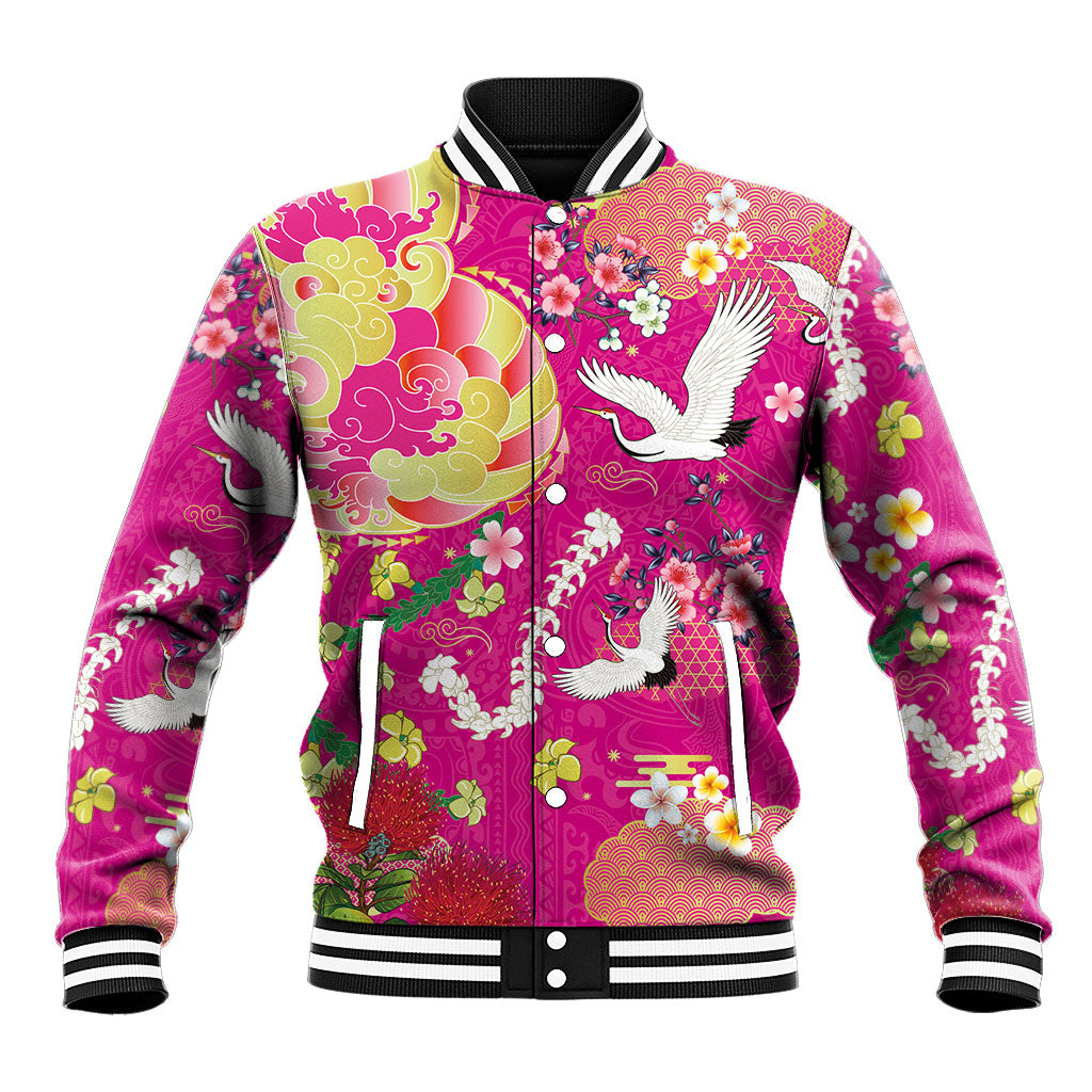Hawaiian and Japanese Culture Together Baseball Jacket Kakau Tribal Pattern and Irezumi Art Pink Color LT03 Unisex Pink - Polynesian Pride