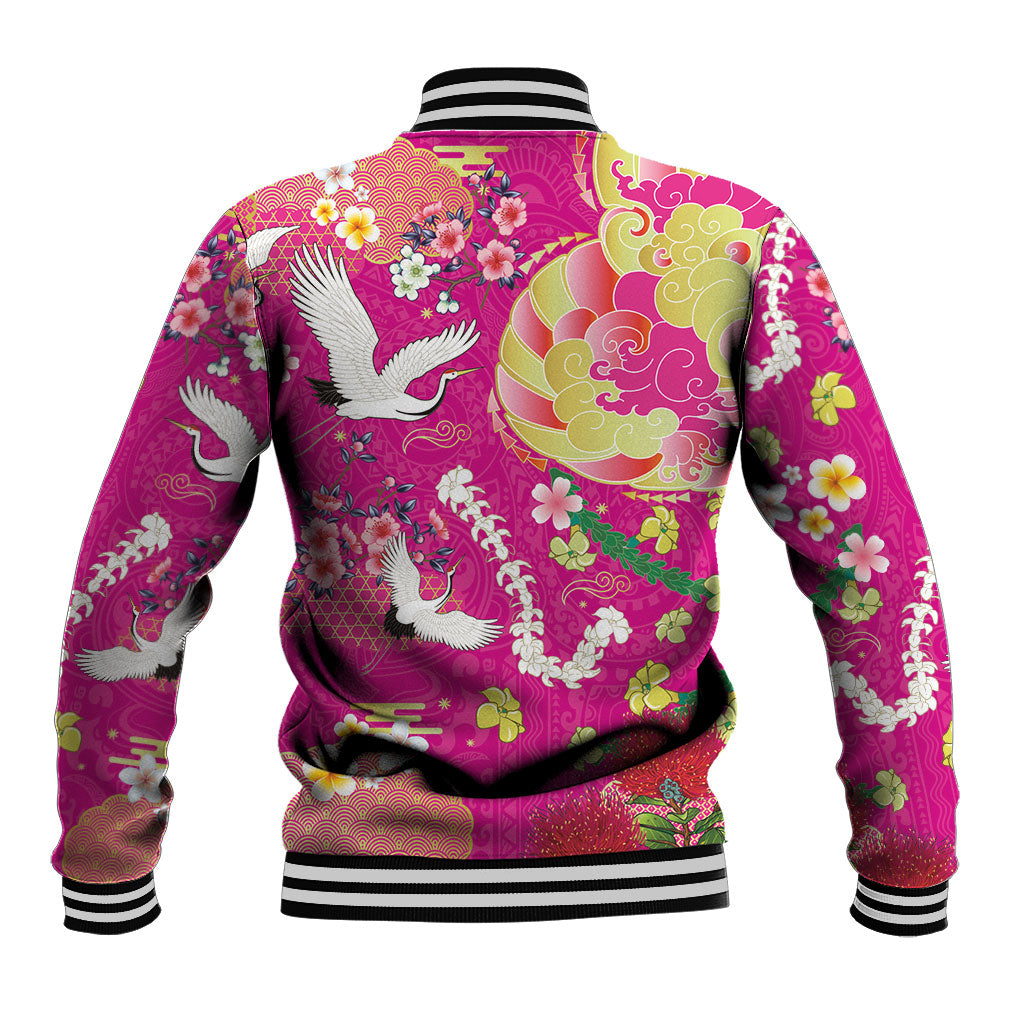Hawaiian and Japanese Culture Together Baseball Jacket Kakau Tribal Pattern and Irezumi Art Pink Color