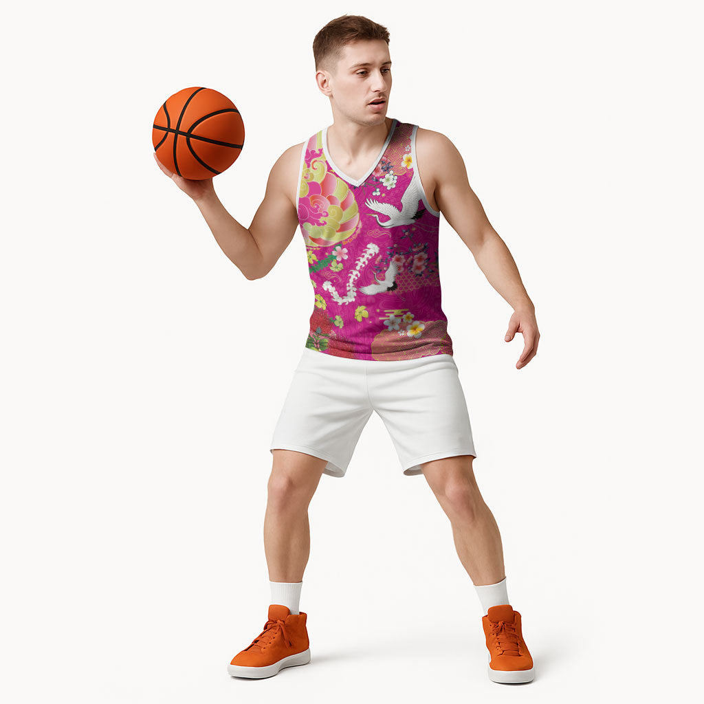 Hawaiian and Japanese Culture Together Basketball Jersey Kakau Tribal Pattern and Irezumi Art Pink Color
