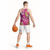 Hawaiian and Japanese Culture Together Basketball Jersey Kakau Tribal Pattern and Irezumi Art Pink Color