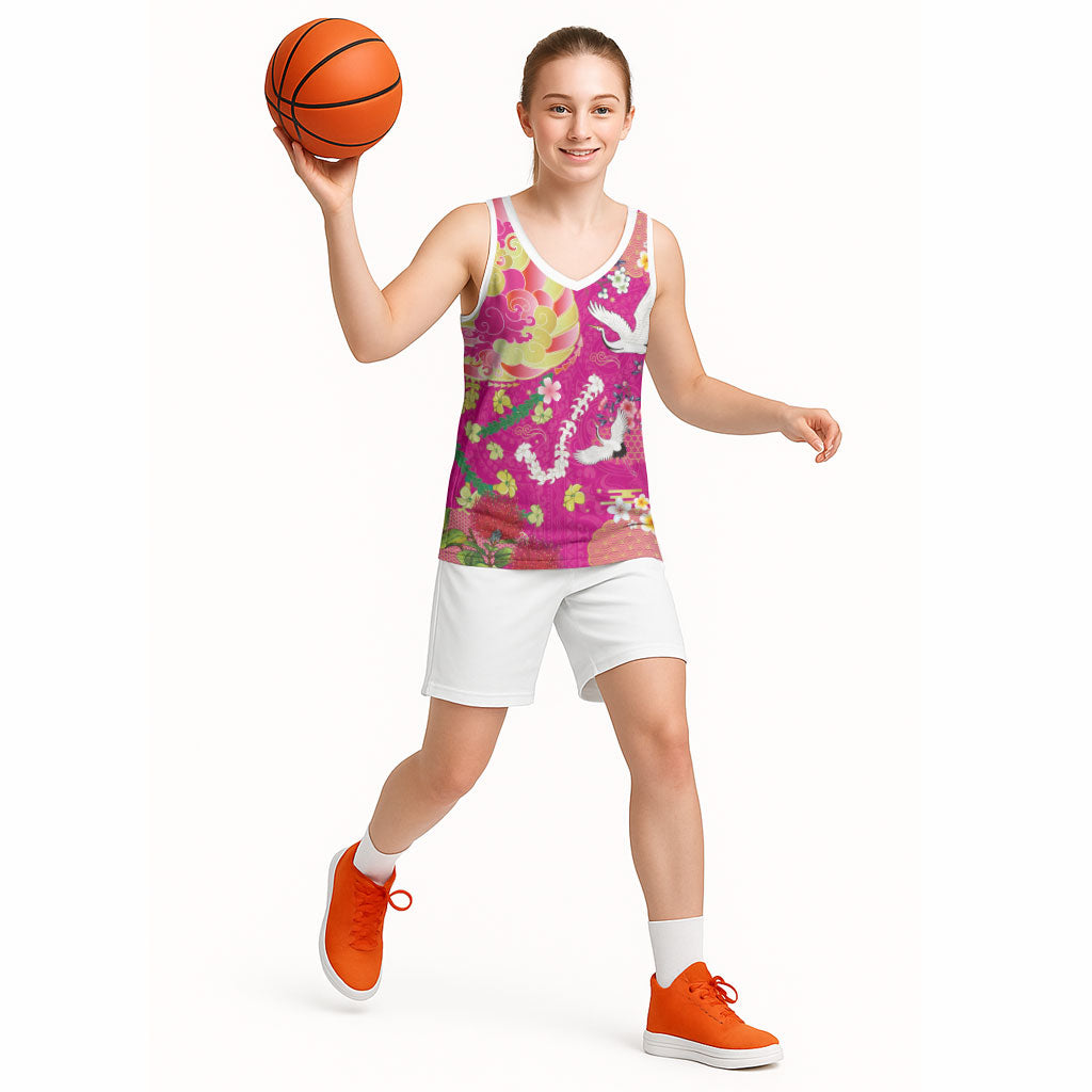 Hawaiian and Japanese Culture Together Basketball Jersey Kakau Tribal Pattern and Irezumi Art Pink Color