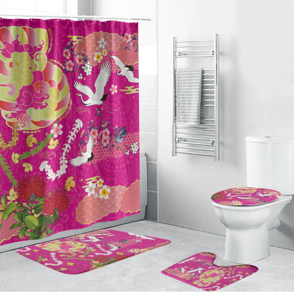 Hawaiian and Japanese Culture Together Bathroom Set Kakau Tribal Pattern and Irezumi Art Pink Color