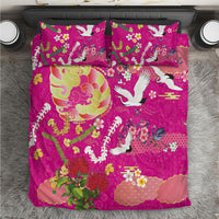 Hawaiian and Japanese Culture Together Bedding Set Kakau Tribal Pattern and Irezumi Art Pink Color