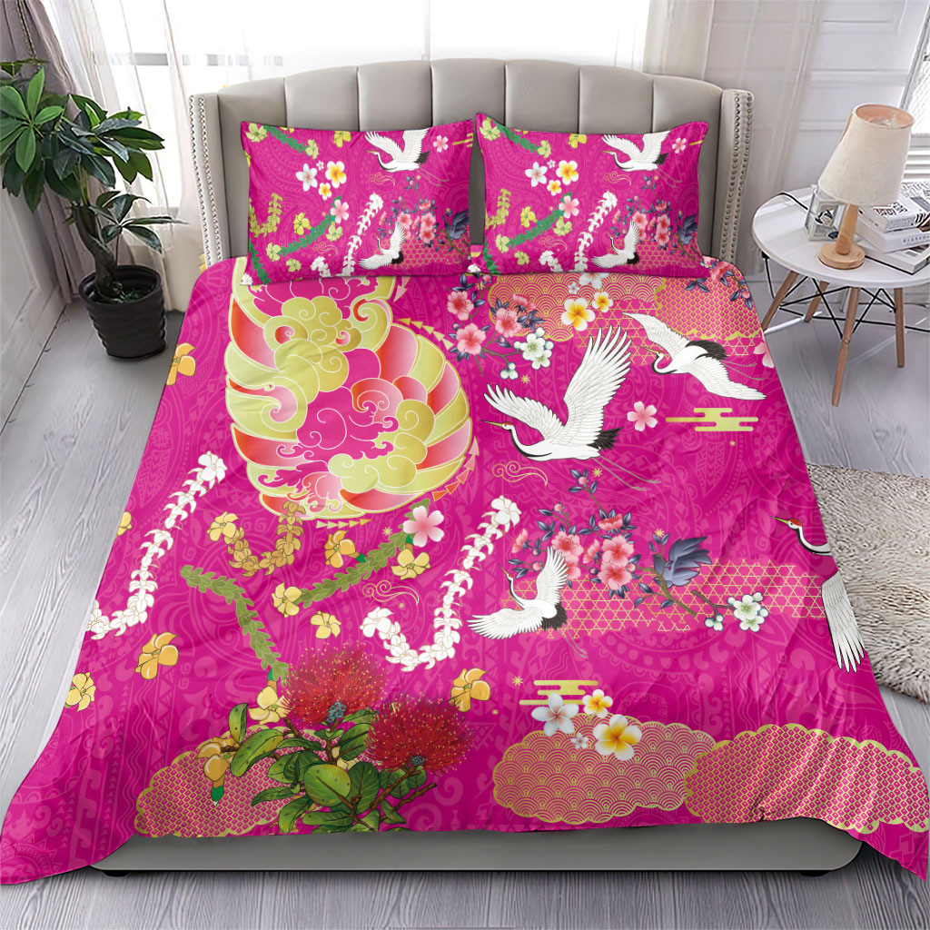 Hawaiian and Japanese Culture Together Bedding Set Kakau Tribal Pattern and Irezumi Art Pink Color