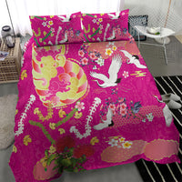 Hawaiian and Japanese Culture Together Bedding Set Kakau Tribal Pattern and Irezumi Art Pink Color