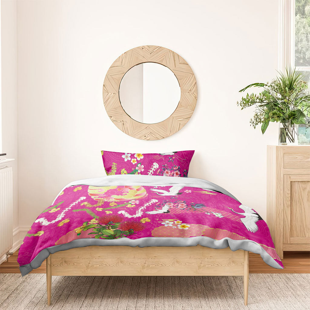 Hawaiian and Japanese Culture Together Bedding Set Kakau Tribal Pattern and Irezumi Art Pink Color