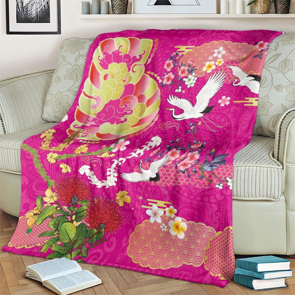 Hawaiian and Japanese Culture Together Blanket Kakau Tribal Pattern and Irezumi Art Pink Color