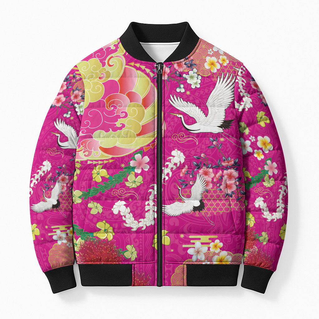 Hawaiian and Japanese Culture Together Bomber Puffer Jacket Kakau Tribal Pattern and Irezumi Art Pink Color