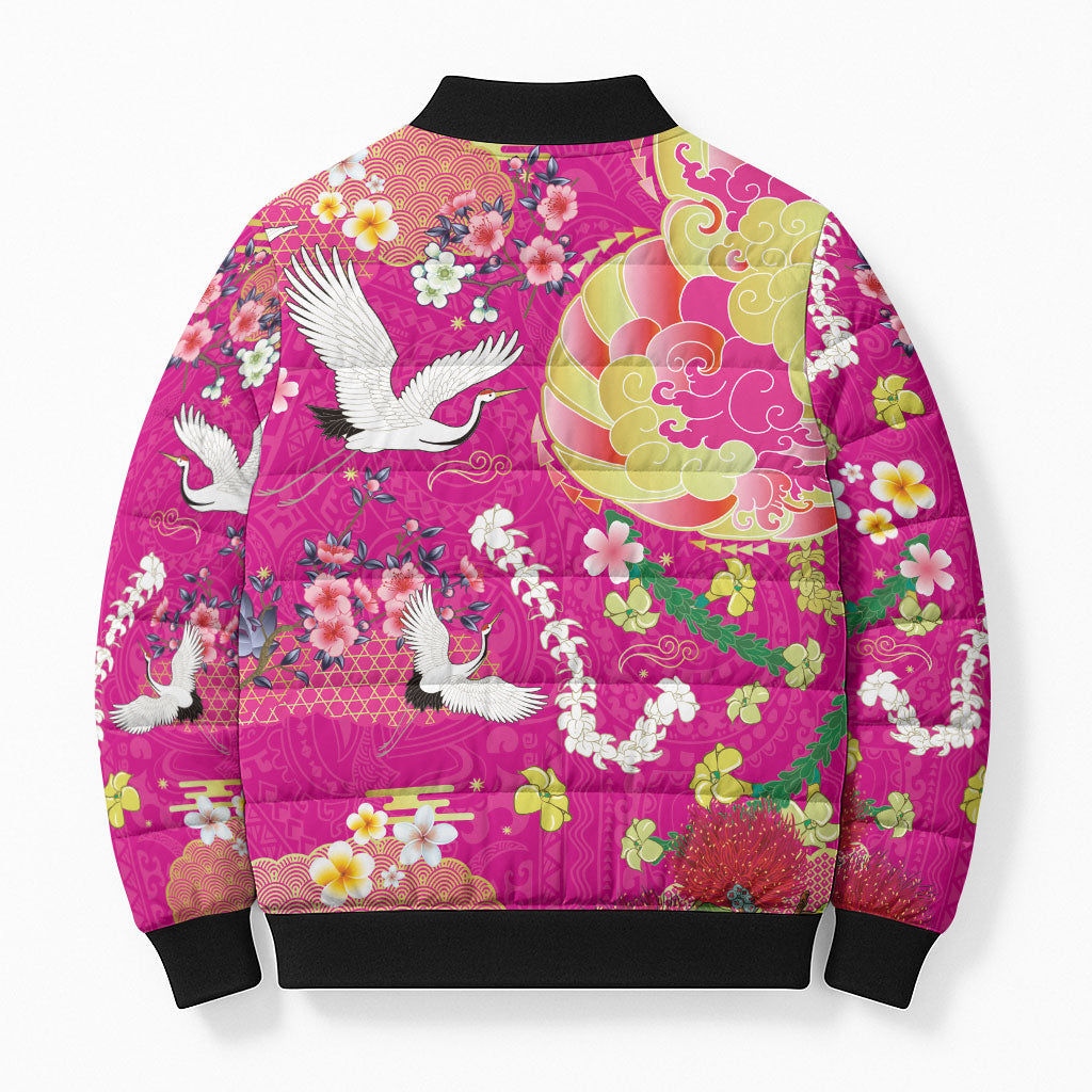 Hawaiian and Japanese Culture Together Bomber Puffer Jacket Kakau Tribal Pattern and Irezumi Art Pink Color