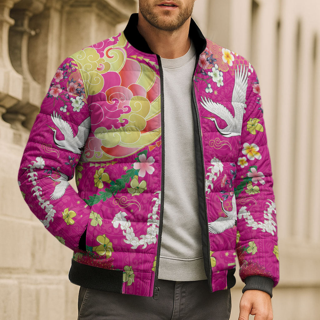 Hawaiian and Japanese Culture Together Bomber Puffer Jacket Kakau Tribal Pattern and Irezumi Art Pink Color
