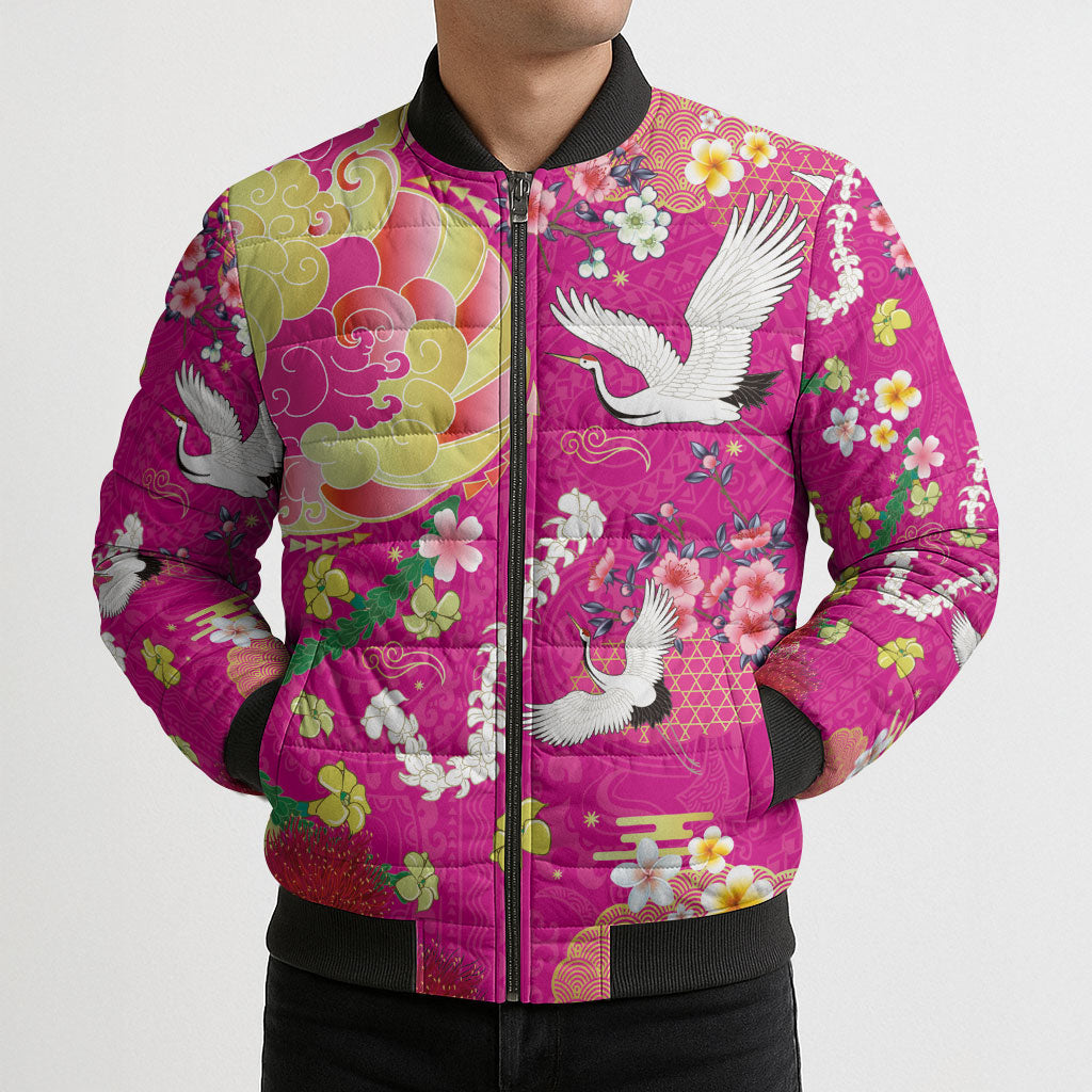 Hawaiian and Japanese Culture Together Bomber Puffer Jacket Kakau Tribal Pattern and Irezumi Art Pink Color