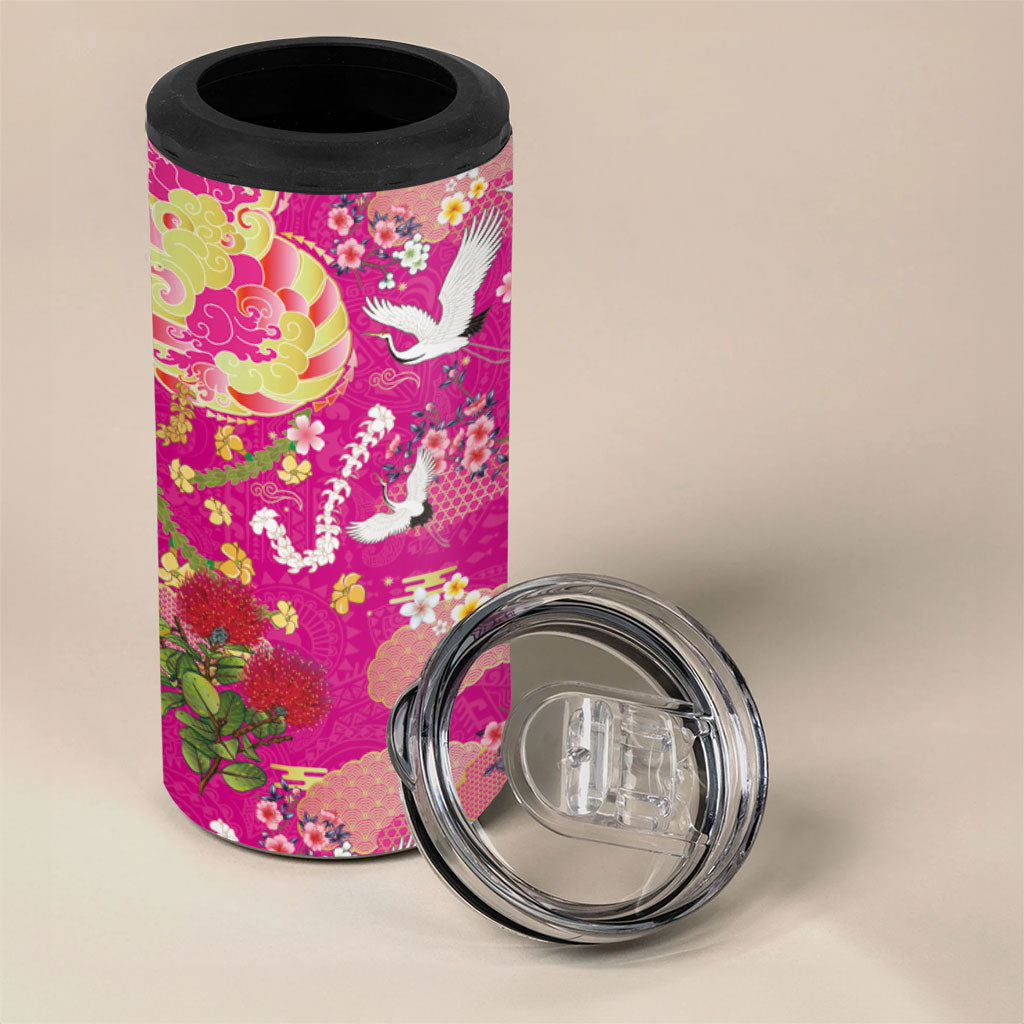 Hawaiian and Japanese Culture Together 4 in 1 Can Cooler Tumbler Kakau Tribal Pattern and Irezumi Art Pink Color
