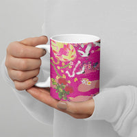 Hawaiian and Japanese Culture Together Ceramic Mug Kakau Tribal Pattern and Irezumi Art Pink Color
