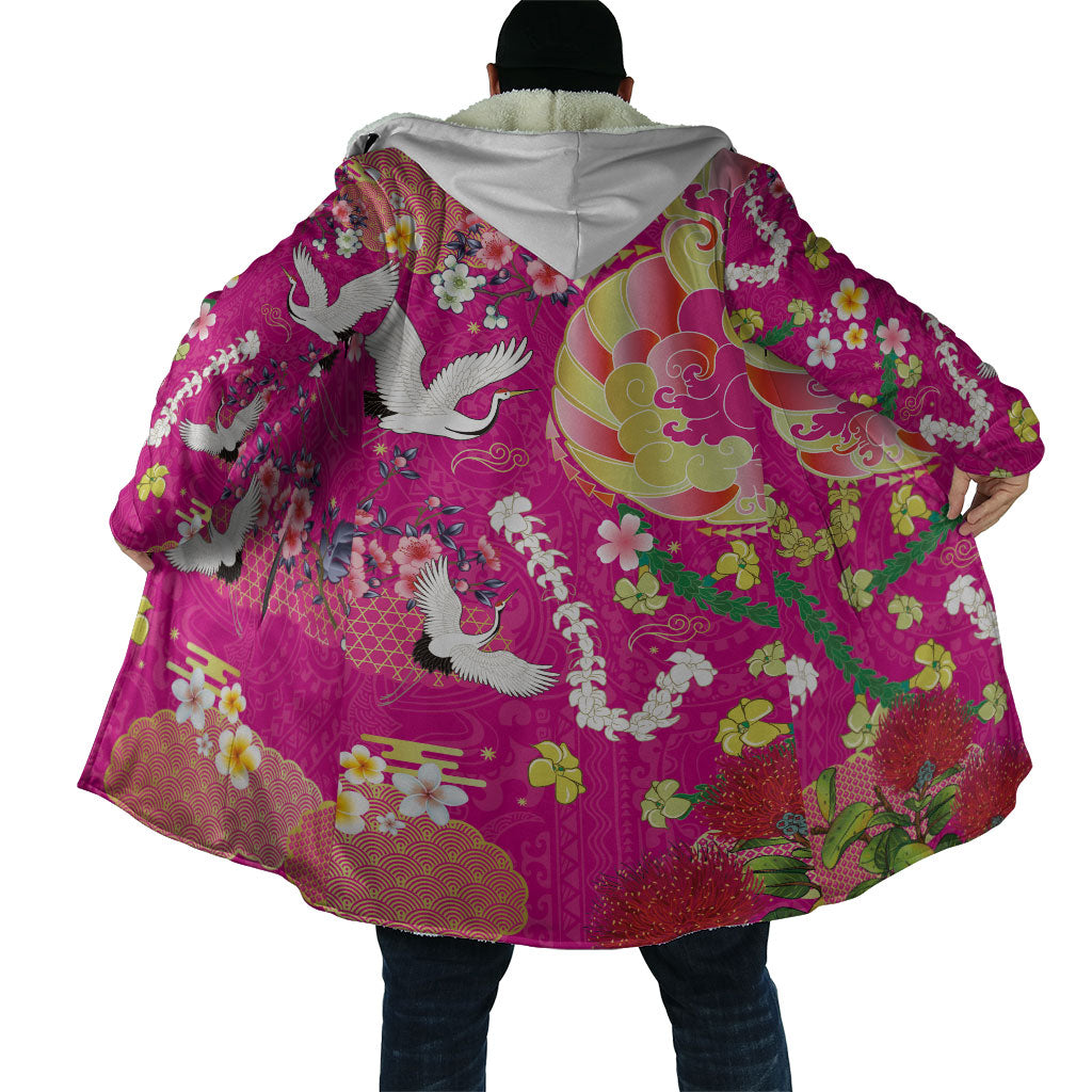 Hawaiian and Japanese Culture Together Cloak Kakau Tribal Pattern and Irezumi Art Pink Color