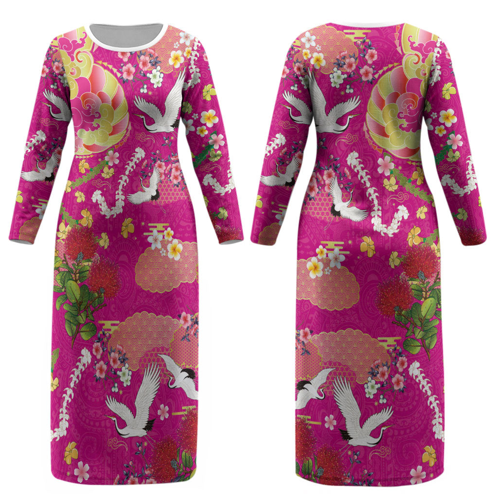 Hawaiian and Japanese Culture Together Couples Matching Long Sleeve Bodycon Dress and Hawaiian Shirt Kakau Tribal Pattern and Irezumi Art Pink Color