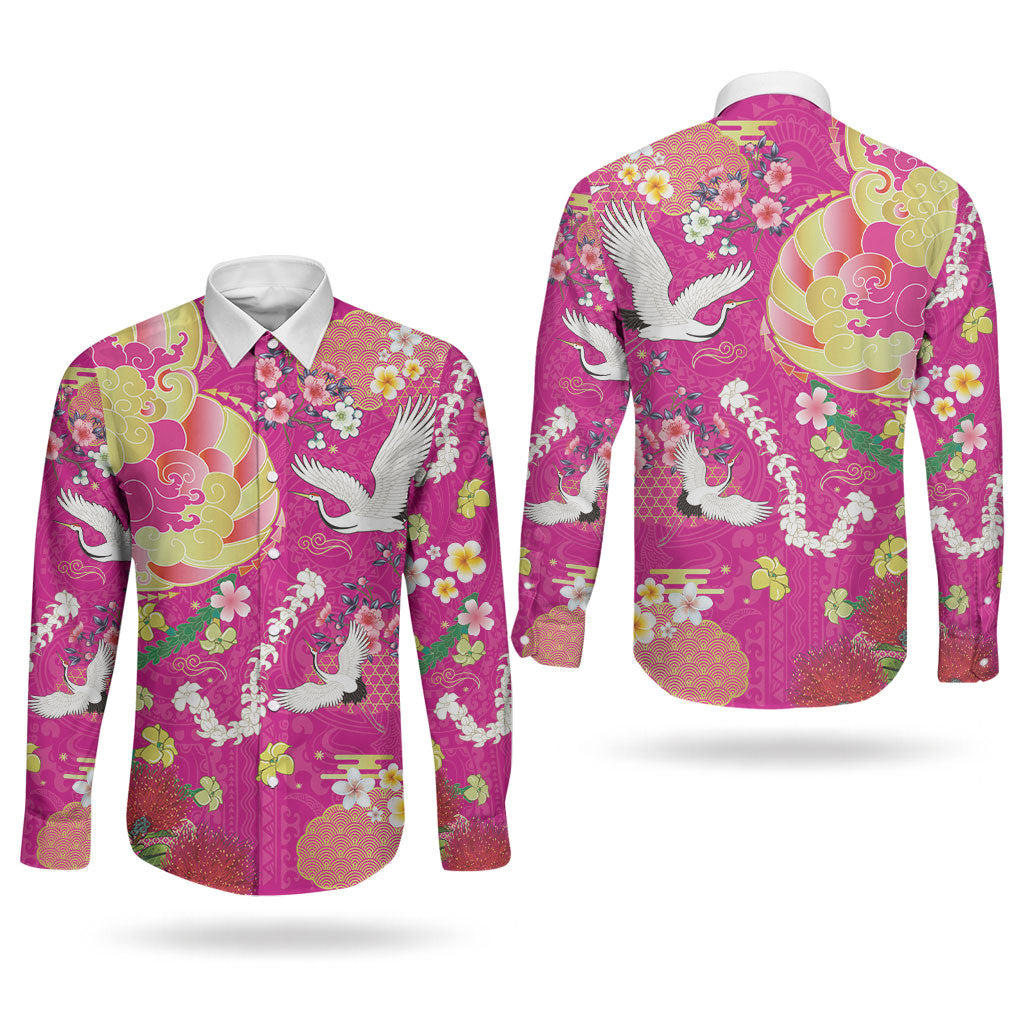 Hawaiian and Japanese Culture Together Couples Matching Long Sleeve Bodycon Dress and Long Sleeve Button Shirt Kakau Tribal Pattern and Irezumi Art Pink Color