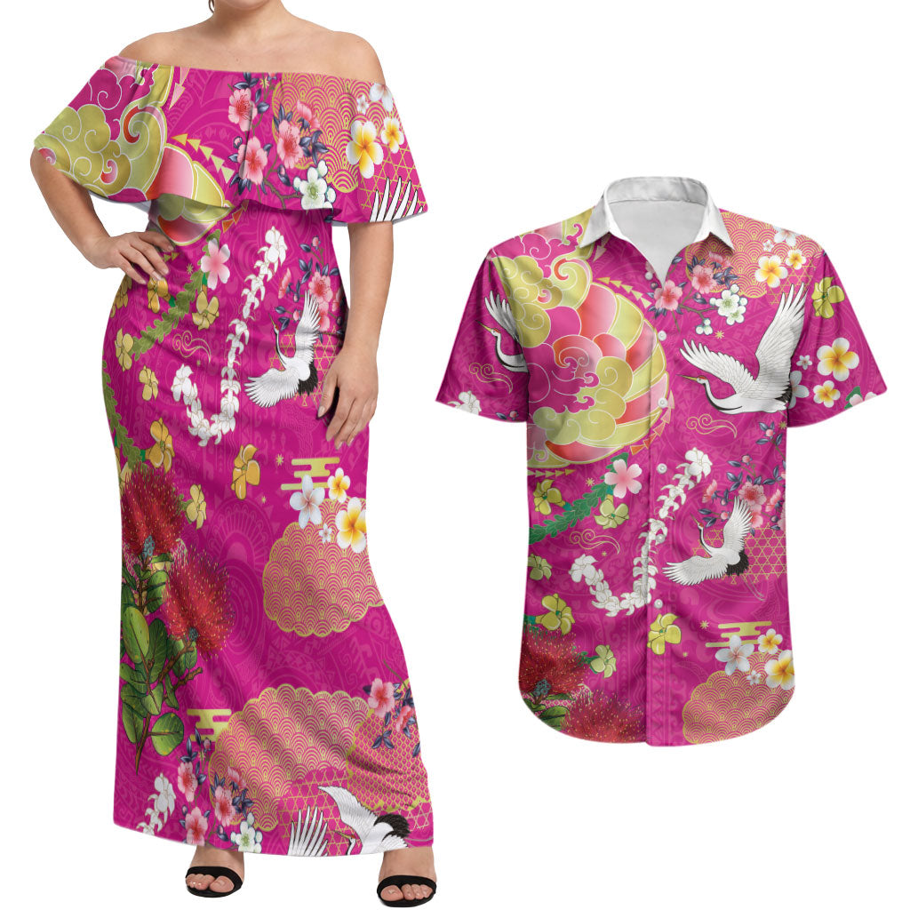 Hawaiian and Japanese Culture Together Couples Matching Off Shoulder Maxi Dress and Hawaiian Shirt Kakau Tribal Pattern and Irezumi Art Pink Color
