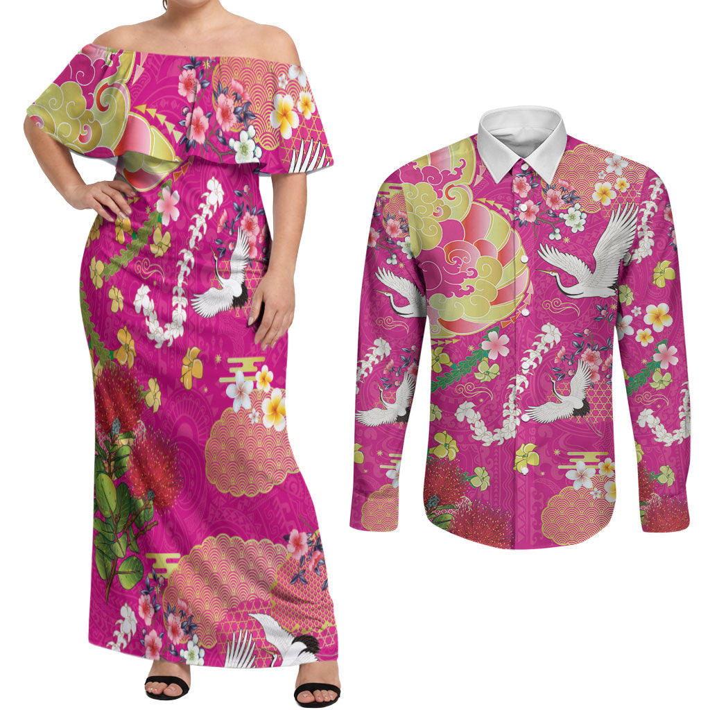 Hawaiian and Japanese Culture Together Couples Matching Off Shoulder Maxi Dress and Long Sleeve Button Shirt Kakau Tribal Pattern and Irezumi Art Pink Color