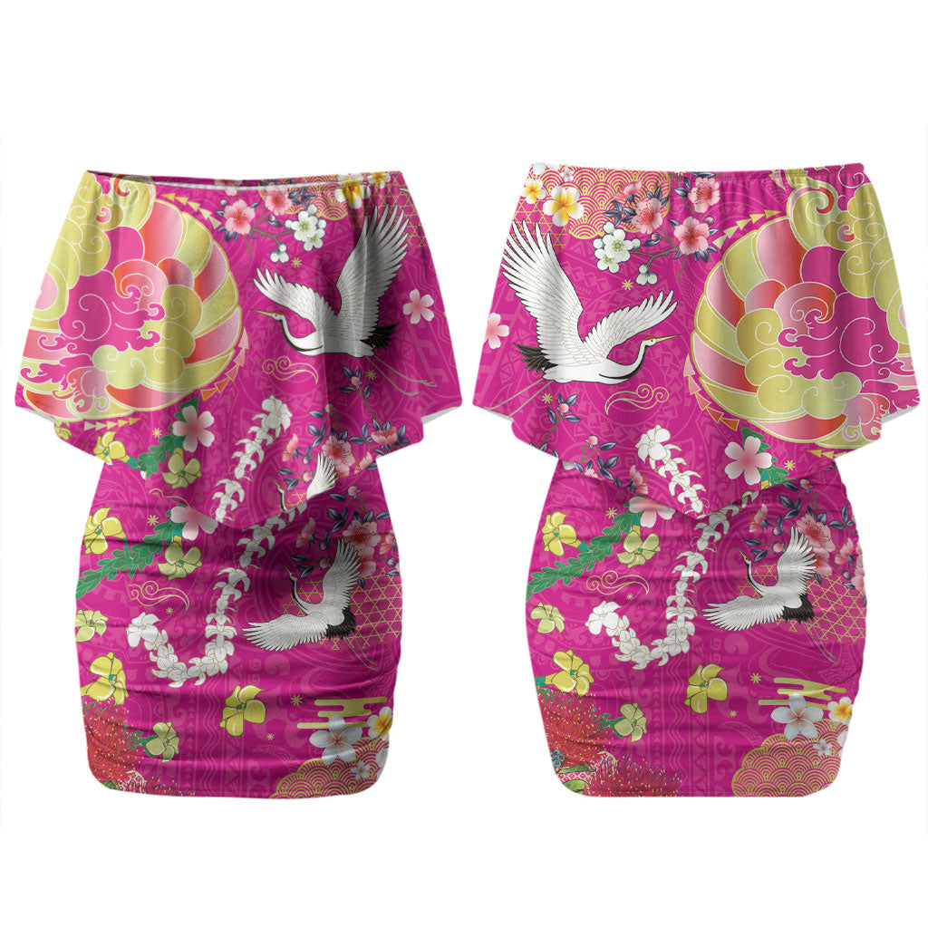 Hawaiian and Japanese Culture Together Couples Matching Off Shoulder Short Dress and Hawaiian Shirt Kakau Tribal Pattern and Irezumi Art Pink Color