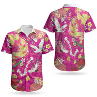 Hawaiian and Japanese Culture Together Couples Matching Off Shoulder Short Dress and Hawaiian Shirt Kakau Tribal Pattern and Irezumi Art Pink Color