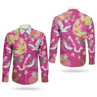 Hawaiian and Japanese Culture Together Couples Matching Off Shoulder Short Dress and Long Sleeve Button Shirt Kakau Tribal Pattern and Irezumi Art Pink Color