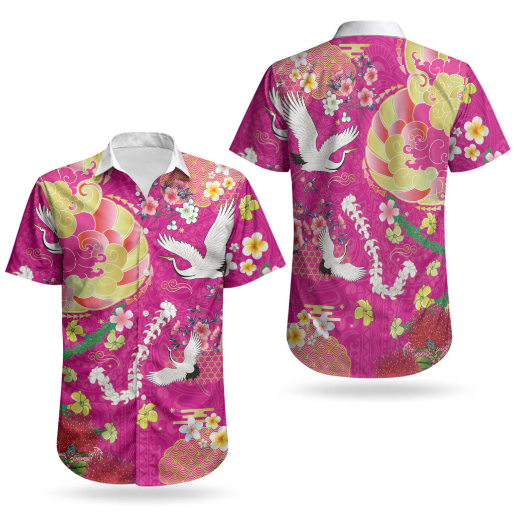 Hawaiian and Japanese Culture Together Couples Matching Off The Shoulder Long Sleeve Dress and Hawaiian Shirt Kakau Tribal Pattern and Irezumi Art Pink Color