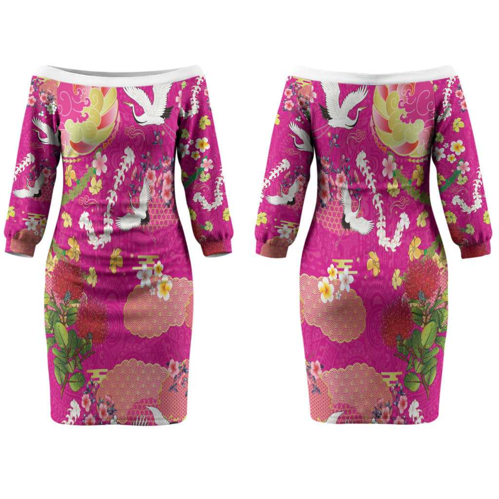 Hawaiian and Japanese Culture Together Couples Matching Off The Shoulder Long Sleeve Dress and Long Sleeve Button Shirt Kakau Tribal Pattern and Irezumi Art Pink Color