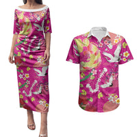 Hawaiian and Japanese Culture Together Couples Matching Puletasi and Hawaiian Shirt Kakau Tribal Pattern and Irezumi Art Pink Color