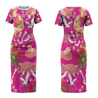 Hawaiian and Japanese Culture Together Couples Matching Short Sleeve Bodycon Dress and Hawaiian Shirt Kakau Tribal Pattern and Irezumi Art Pink Color