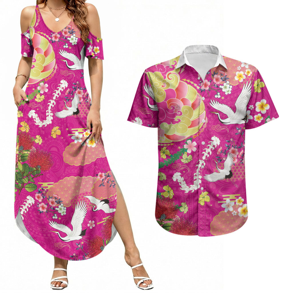 Hawaiian and Japanese Culture Together Couples Matching Summer Maxi Dress and Hawaiian Shirt Kakau Tribal Pattern and Irezumi Art Pink Color