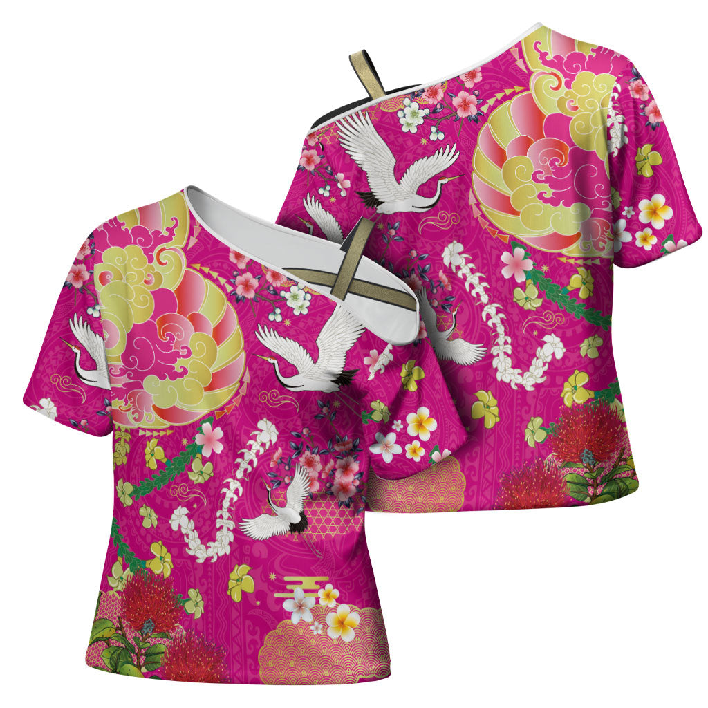 Hawaiian and Japanese Culture Together Cross Shoulder Shirt Kakau Tribal Pattern and Irezumi Art Pink Color
