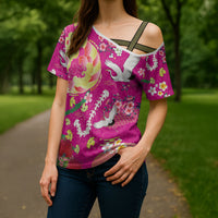 Hawaiian and Japanese Culture Together Cross Shoulder Shirt Kakau Tribal Pattern and Irezumi Art Pink Color