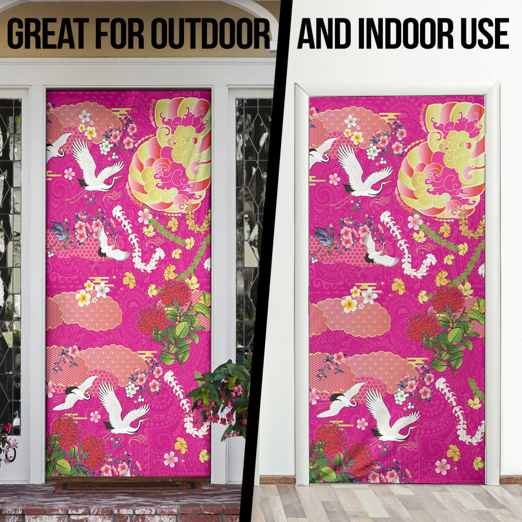 Hawaiian and Japanese Culture Together Door Cover Kakau Tribal Pattern and Irezumi Art Pink Color