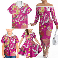 Hawaiian and Japanese Culture Together Family Matching Off The Shoulder Long Sleeve Dress and Hawaiian Shirt Kakau Tribal Pattern and Irezumi Art Pink Color