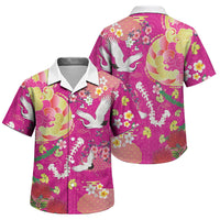 Hawaiian and Japanese Culture Together Family Matching Off The Shoulder Long Sleeve Dress and Hawaiian Shirt Kakau Tribal Pattern and Irezumi Art Pink Color